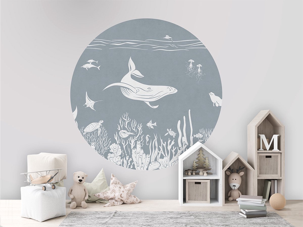 Muurcirkel - Kinderkamer - Decoratie rond - muurdecoratie - ø 100 cm - Onderwaterwereld - Blauw - Monochrome Sea Blue