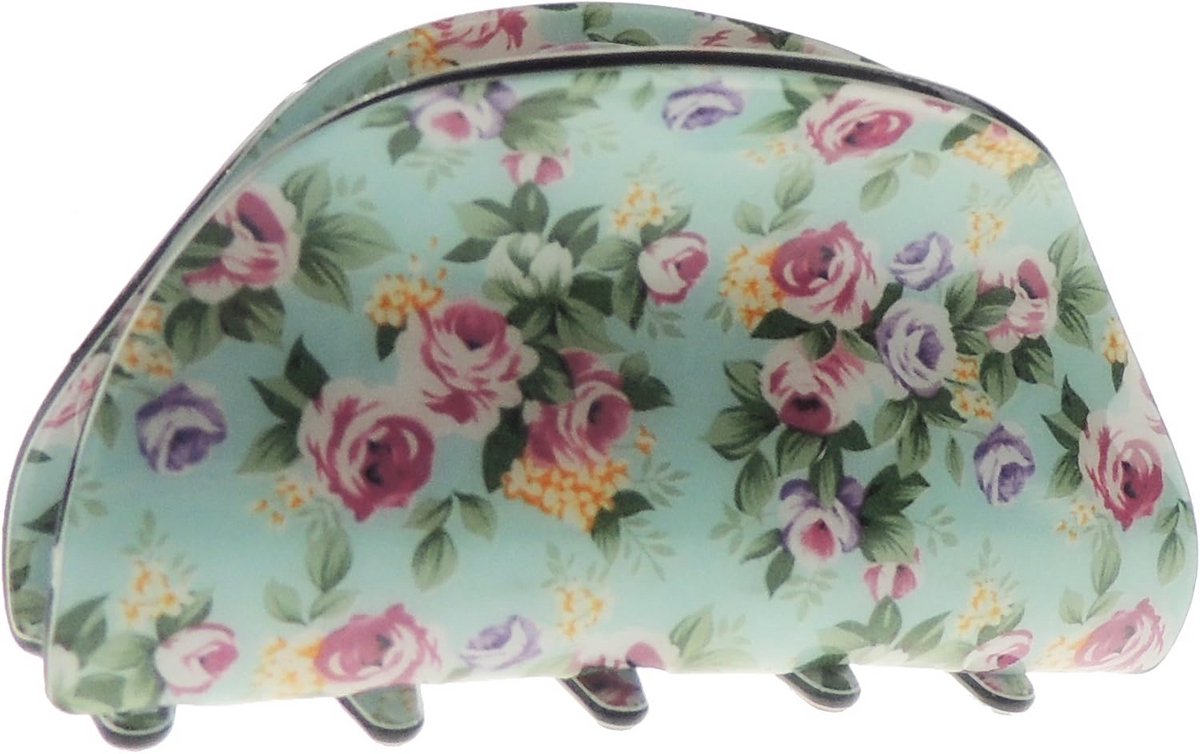 Grote Haar Klem met Bloemenprint - Stevige Klauw Clip voor Dames (Turkoois)