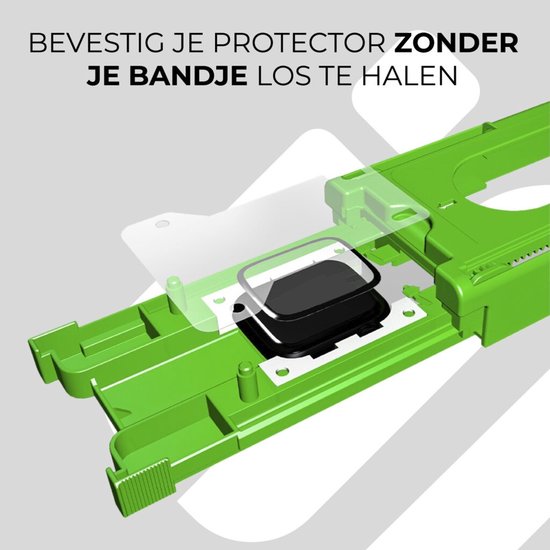 Groen montagegereedschap voor screenprotector, tekst: Bevestig je protector zonder je bandje los te halen.