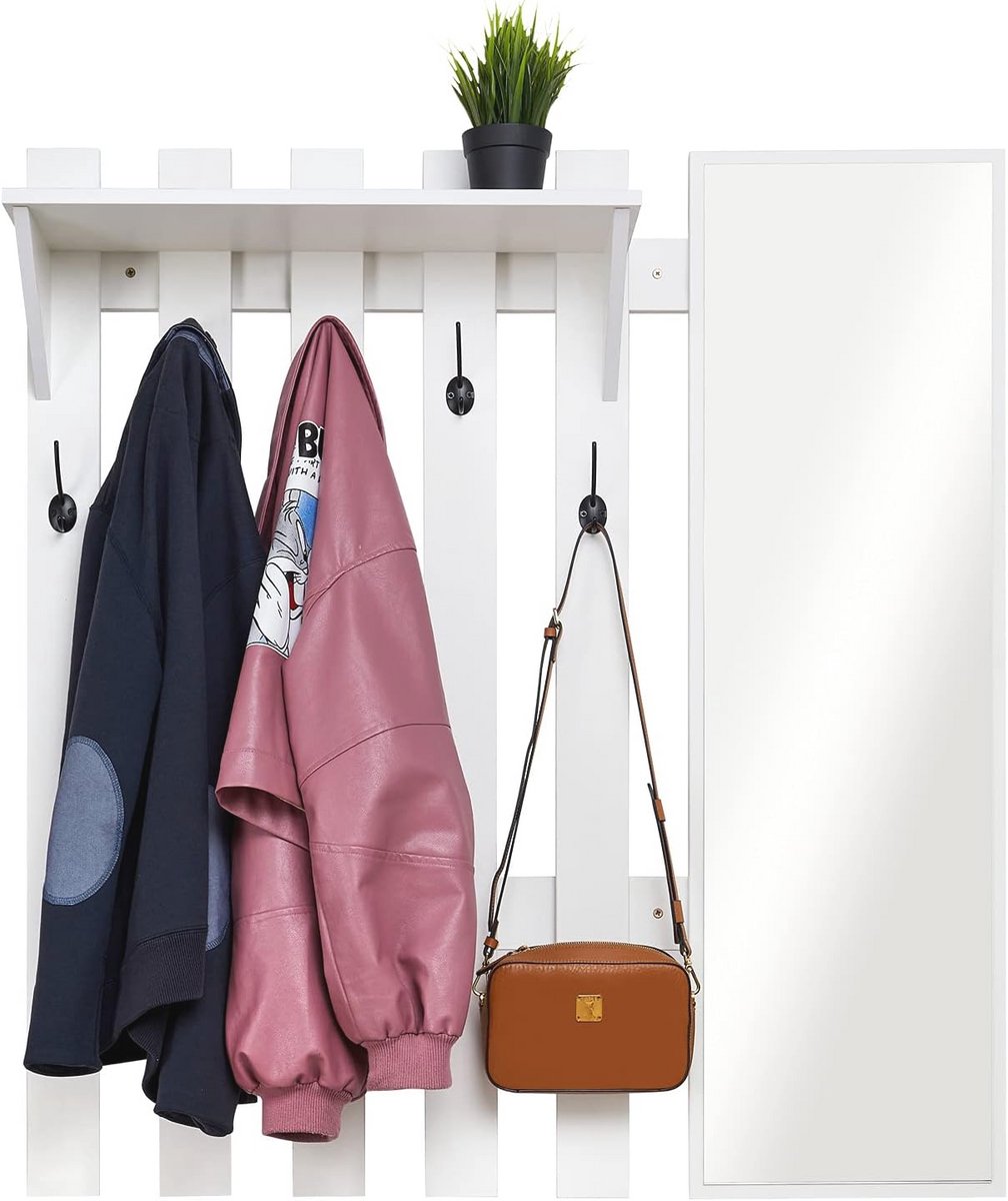 Wandgarderobe met spiegel en 5 haken - Industrieel ontwerp voor hal of entree (100 x 22 x