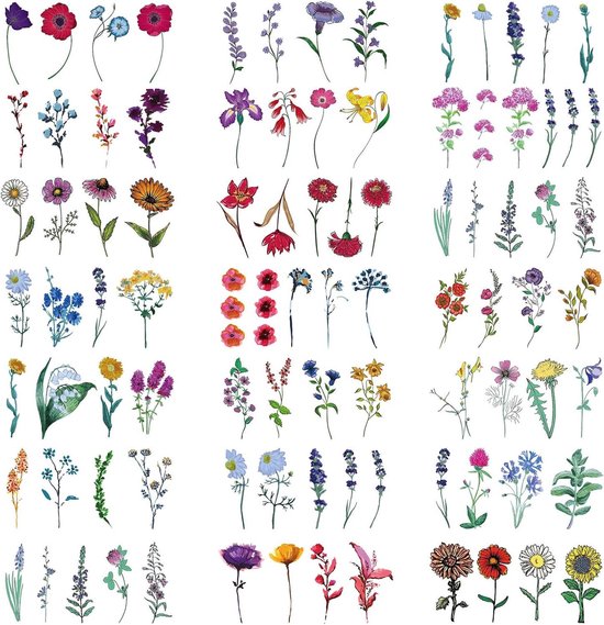 Kleurrijke Bloem Tijdelijke Tatoeages Set - Bloem Nep Tattoo Vrouwen Meisjes Kinderen - Hals Gezicht Voeten - Nep Tattoo Sticker Set - Geschikt voor Volwassenen - Kleurrijk Lavendel Lelie Zonnebloem Design