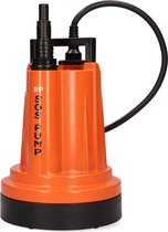 Oranje dompelpomp met zwarte basis en handvat, met tekst 'SOS PUMP'.