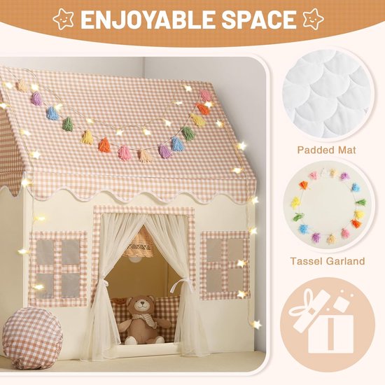 NIUEVLRS Kindertent met mat, lichten en vlaggen, speeltent voor binnen, speelhuis voor kinderen buiten, kindertent met ramen en oprolbare deur voor jongens en meisjes, 132 x 90 x 132 cm