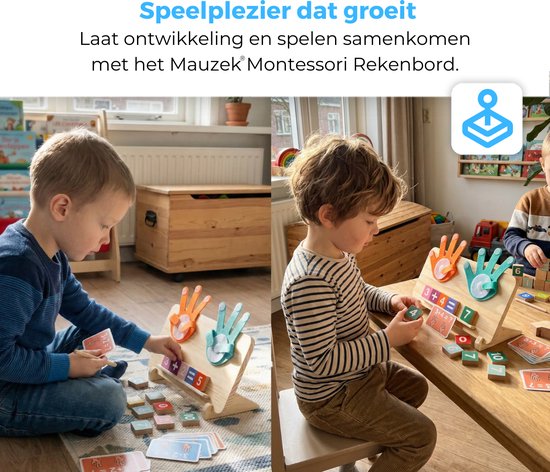 Jongens spelen met het Mauzek rekenspel met houten cijfers en kaarten.