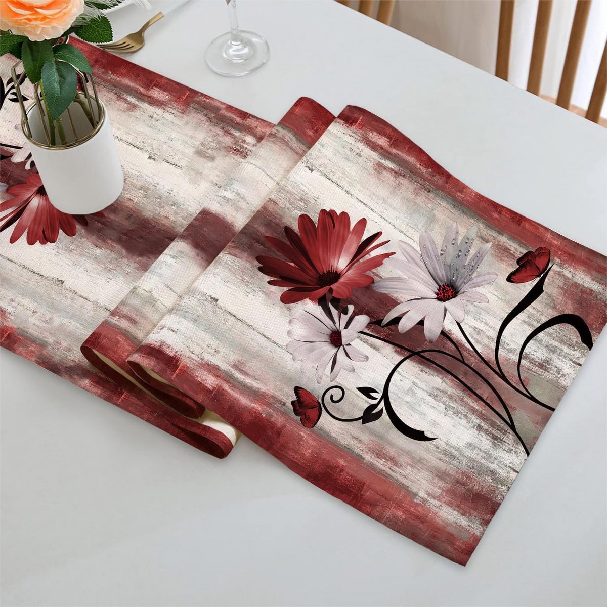 Tafelloper Bloemen Kerstrood 100x40 cm - Tafeldecoratie Binnen en Feest