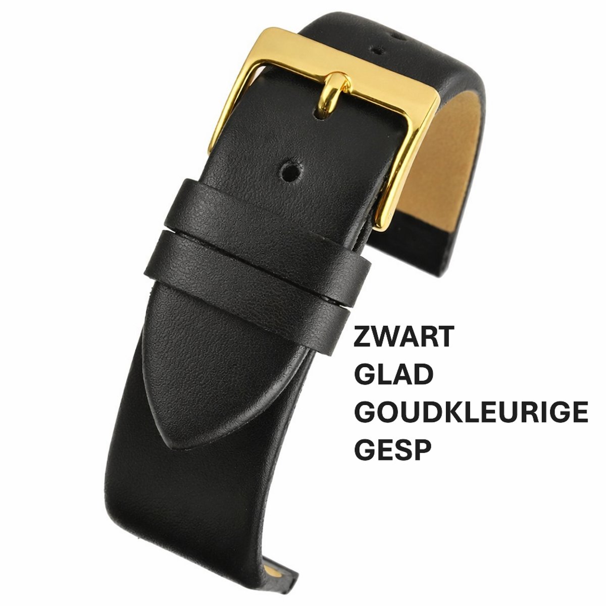 horlogeband-horlogebandje-18mm-echt leer-ZWART-zwart-recht-zacht -plat-leer-glad-goudkleurige gesp-18 mm