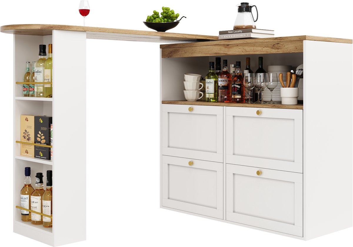 360° draaibare staande tafel (105 x 39 x 102 cm) met 4 lades en open schappen, geschikt voor eetkamer/studeerkamer/woonkamer, wit