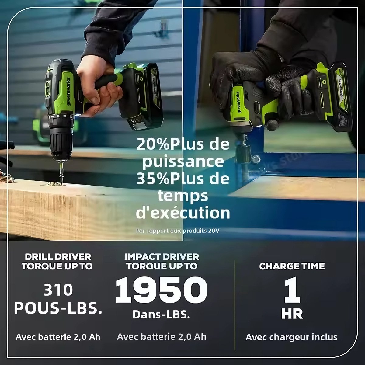 Greenworks Accu Schroefboormachine 24V - 220 Nm Max - Accuboormachines - incl.1/2-inch accuboormachine en 1/4-inch zeshoekige slagschroevendraaier - Incl. 2 Accu's – foto 6