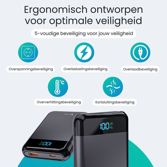 Siltcon® Ultra Compacte Powerbank 10000 mAh - 22.5W Charge Rapide – USB-C / A - Indicateur LED - Kit d'Urgence – Universel pour Téléphones, Tablettes & Plus– 2 Ports - Noir