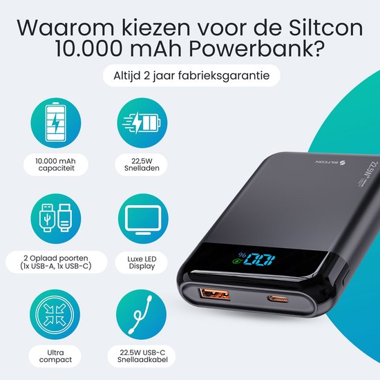Siltcon® Ultra Compacte Powerbank 10000 mAh - 22.5W Charge Rapide – USB-C / A - Indicateur LED - Kit d'Urgence – Universel pour Téléphones, Tablettes & Plus– 2 Ports - Noir
