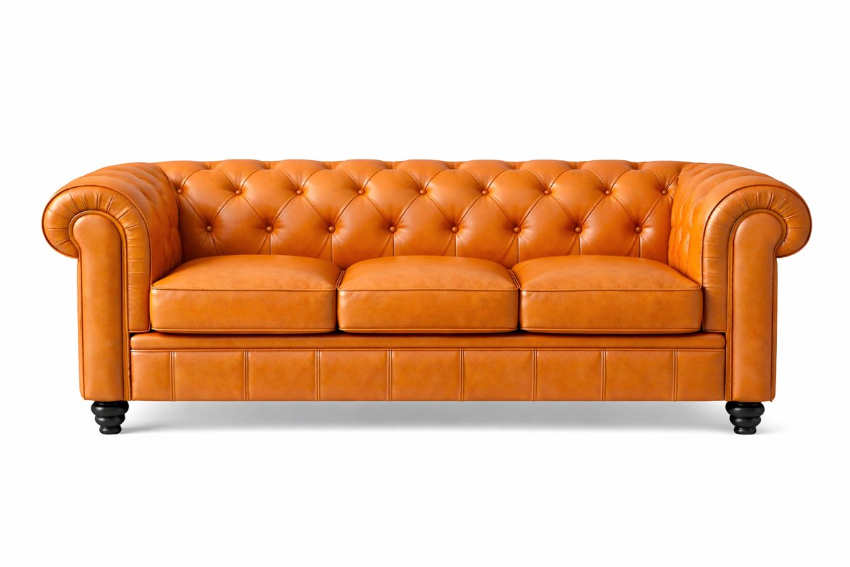 Chesterfield Bank - 3 Zits - Cognac - Oker geel - Leer - Sofa