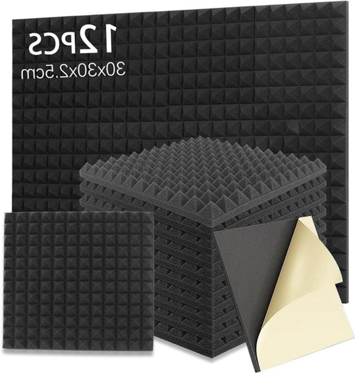 Geluidsabsorberend zelfklevend schuim met piramidevorm, 30 x 30 x 2,5 cm, 12 stuks