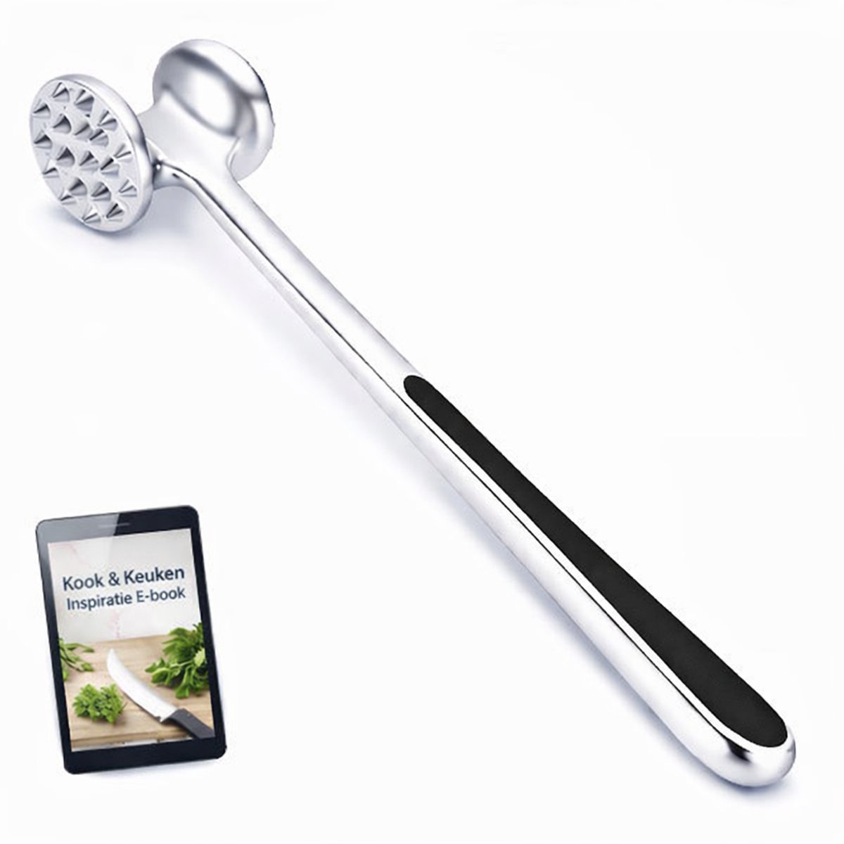 BooGoo® professionele Vleeshamer en Vleesklopper - Inclusief Kook ebook - Platte en Gekartelde kant - Topkwaliteit RVS