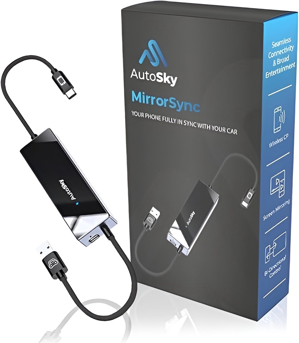 AutoSky Smartphone Mirroring Adapter – Draadloze CarPlay & Android Auto – Compacte Plug-and-Play Autoadapter