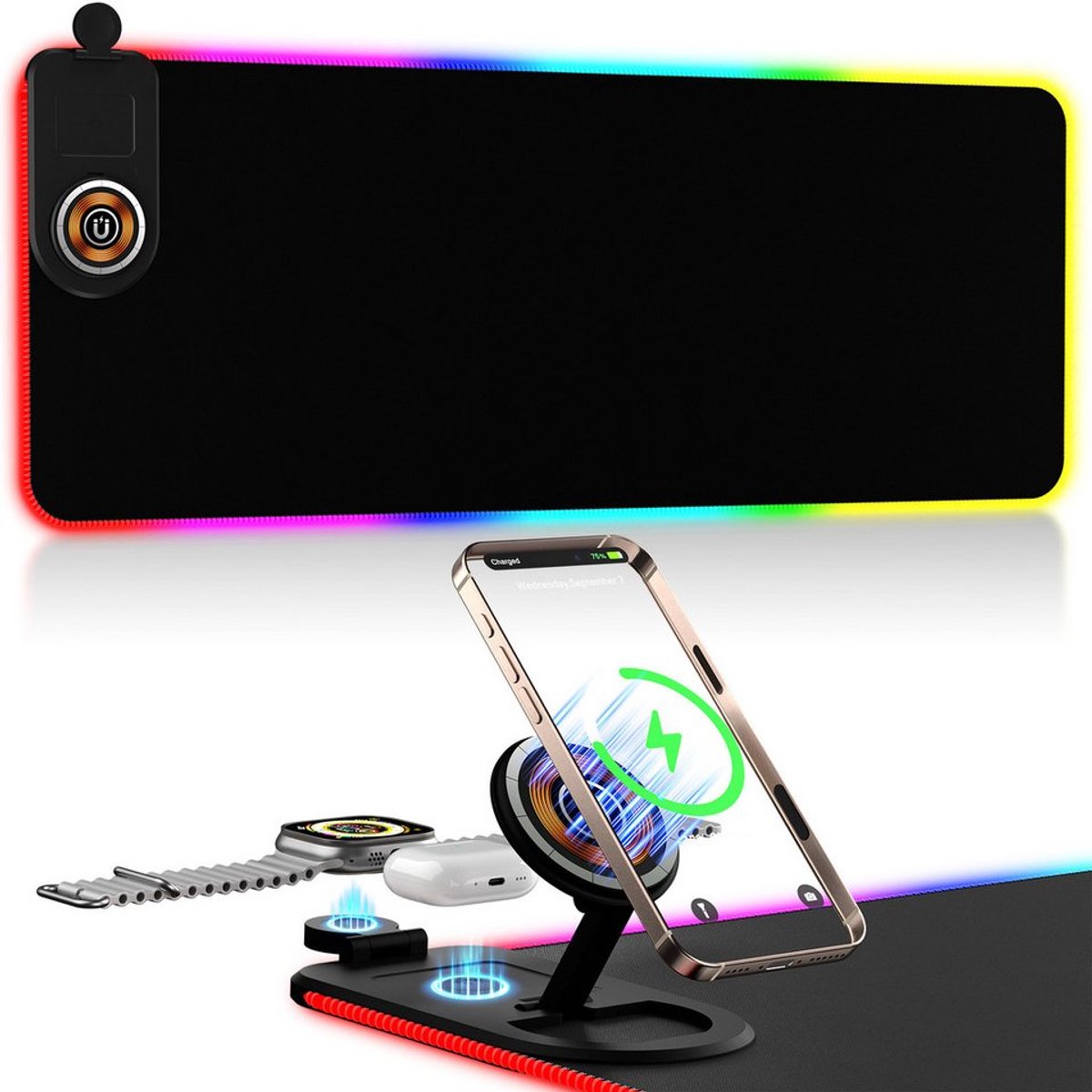 RGB 3-in-1 gamingmuismat - 80x30cm - met oplaadfunctie - 14 lichtmodi - ondersteunt 15W snelladen en Qi draadloos opladen, compatibel met iPhone, mobiele telefoons, koptelefoons en Apple Watch - waterdicht en antislip, geschikt voor gamingbureaus