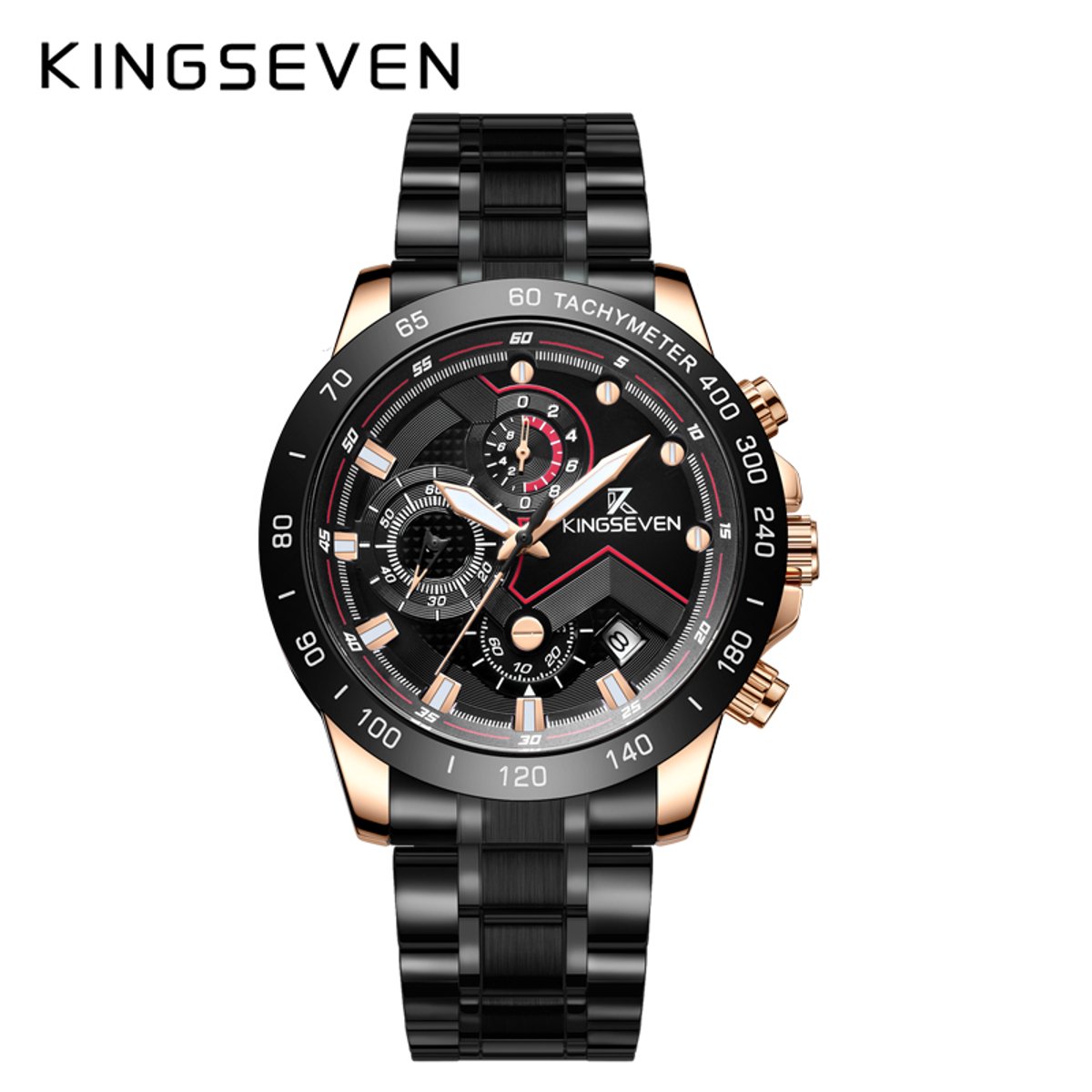 KINGSEVEN Herenhorloge - Zwart-Rosekleurig - Chronograaf - Quartz - Roestvrij Staal - Waterbestendig - Vlindersluiting - Luxe Design - Elegant