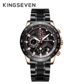 Zwart en roségouden KINGSEVEN herenhorloge met chronograaf, tachymeter en vlindersluiting.