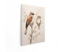 Artaza Canvas Schilderij Vogels - 60x80 cm - Wanddecoratie Aquarel - Muurdecoratie Natuur - Decoratie Tak Sepia - Schilderijen Op Canvas