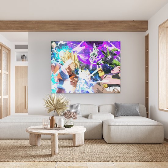 Canvas schilderij met Dragon Ball Z-personages in gevecht, boven een bank en salontafel in een woonkamer.