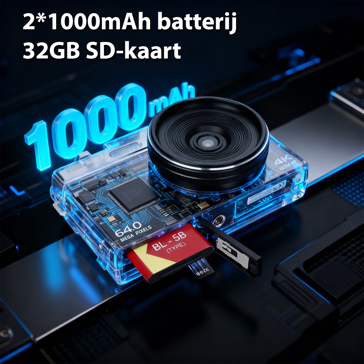 Digitale Camera 4K 64MP met 3 Inch 180° Kantelbaar IPS Scherm – 16x Digitale Zoom, Autofocus, Webcamfunctie via USB, Compacte Vlogcamera met 2×1000mAh Batterijen en 32GB Geheugenkaart voor Beginners, Kinderen en Tieners thumbnail 6