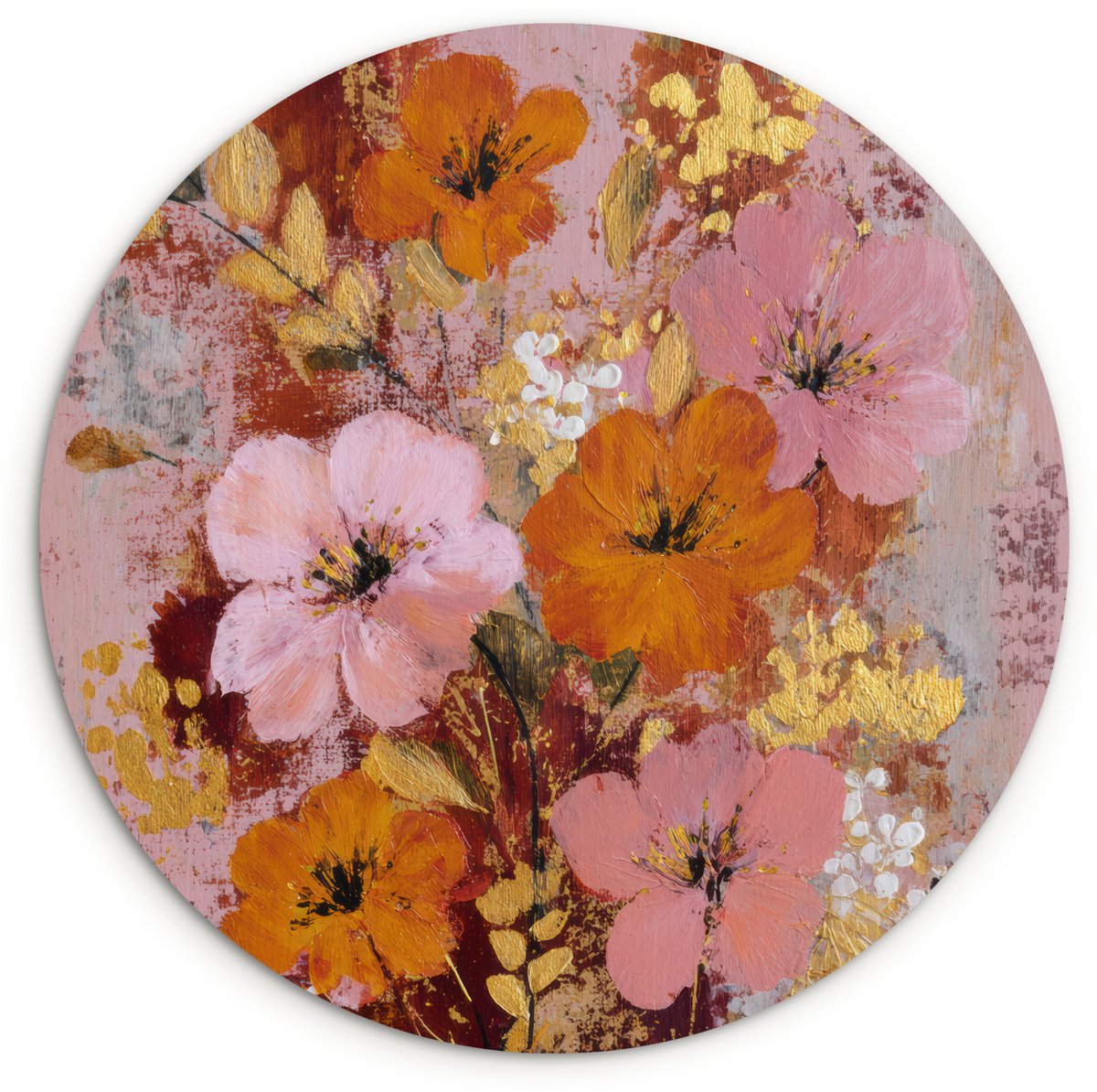 WallCircle Wandcirkel 120x120 cm - Muurcirkel Schilderij - Bloemen - Rustiek - Roze - Muurdecoratie woonkamer - Wanddecoratie slaapkamer - Kamer decoratie accessoires - Ronde schilderijen