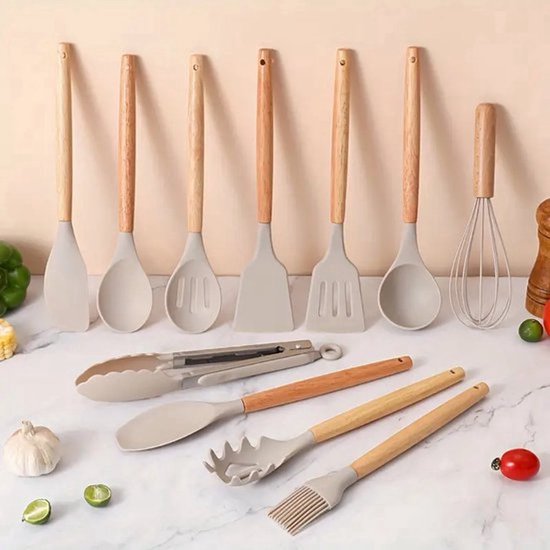 13-delige Non-Stick Siliconen Keukengerei Set met Houten Handvatten | Hittebestendig Kookgerei met Opbergkoker | Krasvrij, BPA-vrij, Anti-aanbak & Makkelijk Schoon te Maken - Beige