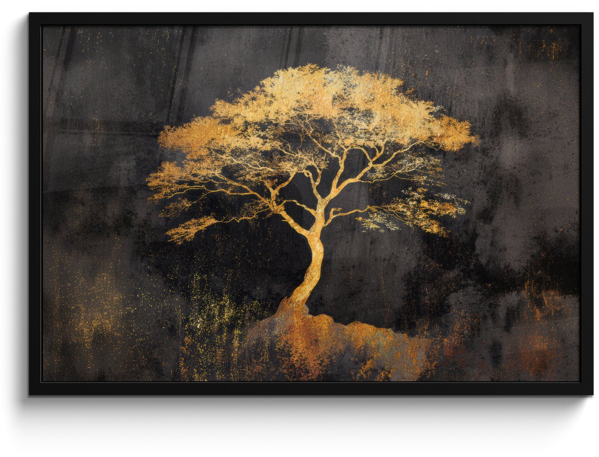 FrameYourWall Poster in lijst - Fotolijst 90x60 cm - Posters - Boom - Schilderij - Goud - Abstract - Posterlijst zwart - Decoratie - Wanddecoratie woonkamer - Muurdecoratie slaapkamer