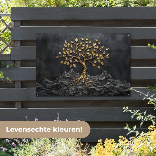 Affiche de jardin 120x80 cm - Décoration de jardin Feuilles - Or - Arbre - Roche - Affiche pour le jardin - Décoration extérieure - Tableau de jardin clôture - Toile de jardin décoration murale - Décoration murale toile de balcon