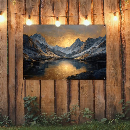 Affiche de jardin 120x80 cm - Décoration de jardin Paysage montagneux avec Coucher de soleil doré - Affiche pour le jardin - Décoration extérieure - Peinture de clôture de jardin - Toile de jardin décoration murale - Décoration murale toile de balcon
