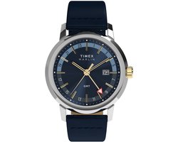 Timex Marlin Quartz Gmt Quartz Analoog Horloge Blauw En Zilverkleurig Kast Gemaakt Van 100% Roestvrij Staal En Een Armband Van 100% Leer 40 TW2Y47900AJ