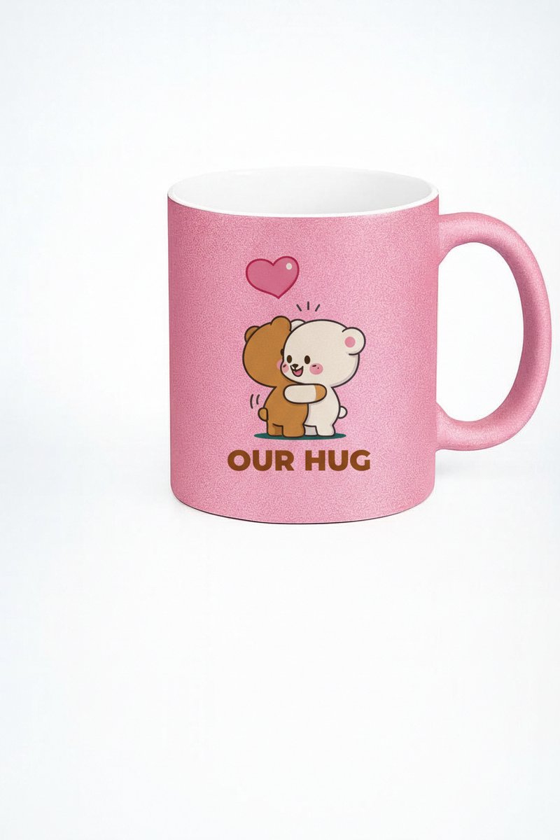 Roze Glitter Mok 'Our Hug' met Knuffelende Beertjes - Liefdevol Cadeau & Thee/Koffie Beker