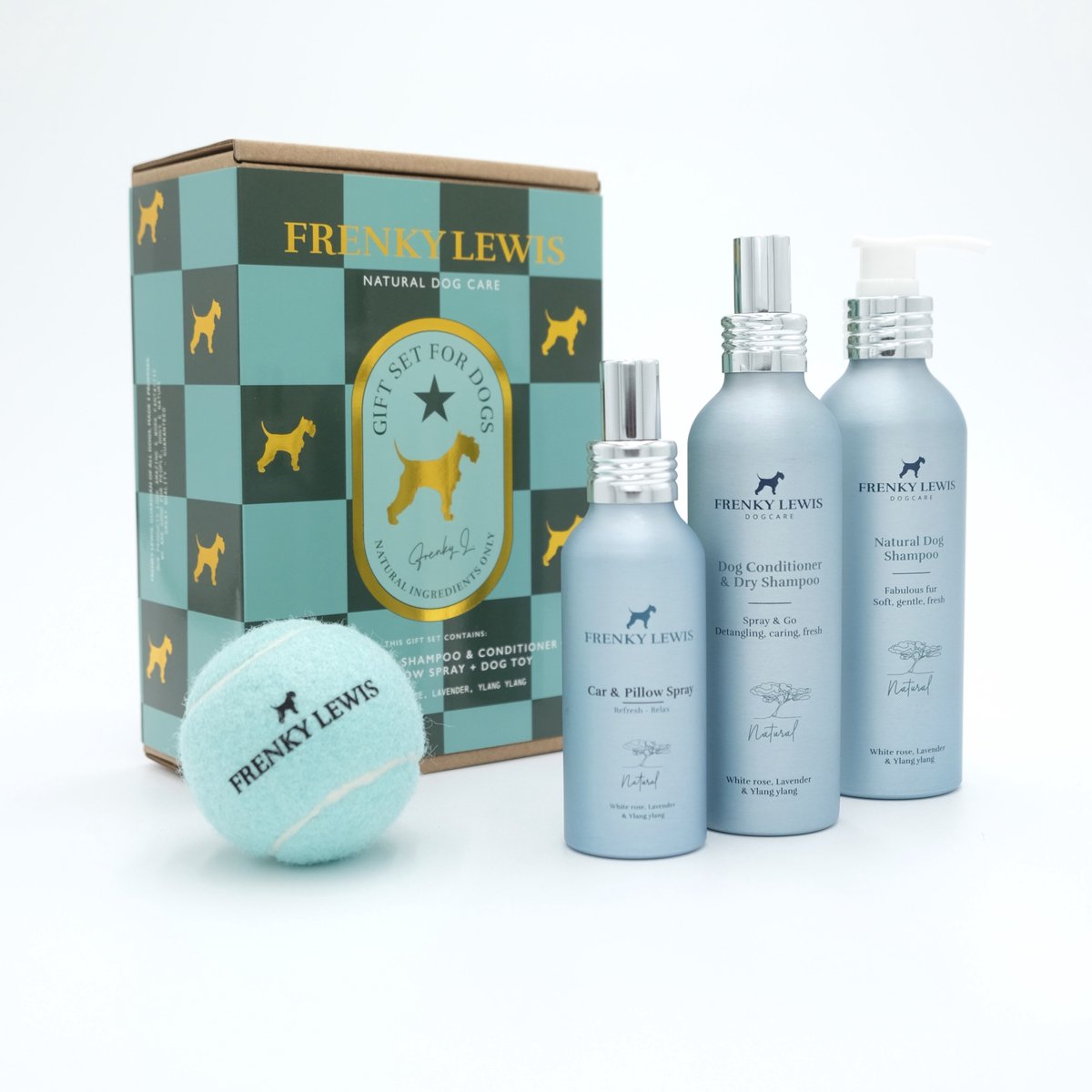 Luxury Gift Set 200ml Dog Shampoo + 150ml Dog Conditioner & Dry Shampoo - Car & Pillow Spray +Dog Toy - White Rose, Lavender, Ylang Ylang