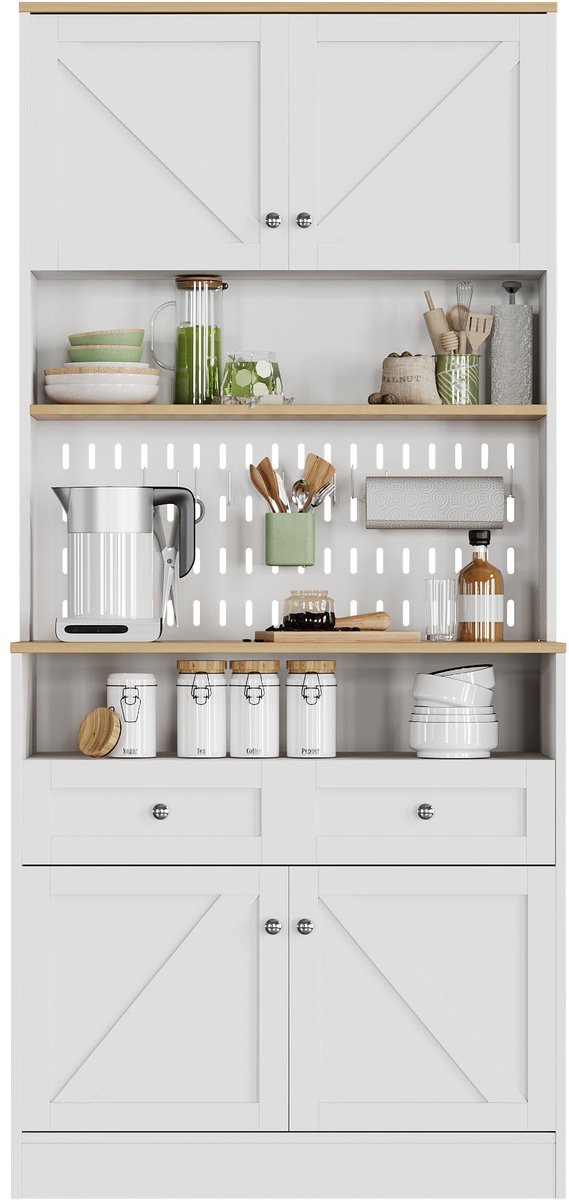 Merax Buffetkast 80 X 40 X 175 Cm Met 2 Lades En 4 Deuren - Opbergkast Met Open Vakken En Ophangwand - Keukenkast Voor Keuken - Eetkamer En Woonkamer - Wit Met Houtlook Legplanken