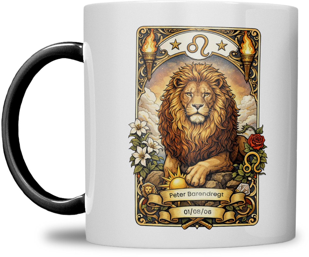Sterrenbeeld mok - Leeuw - Zwart - Tarot mok - Gepersonaliseerd met naam en datum
