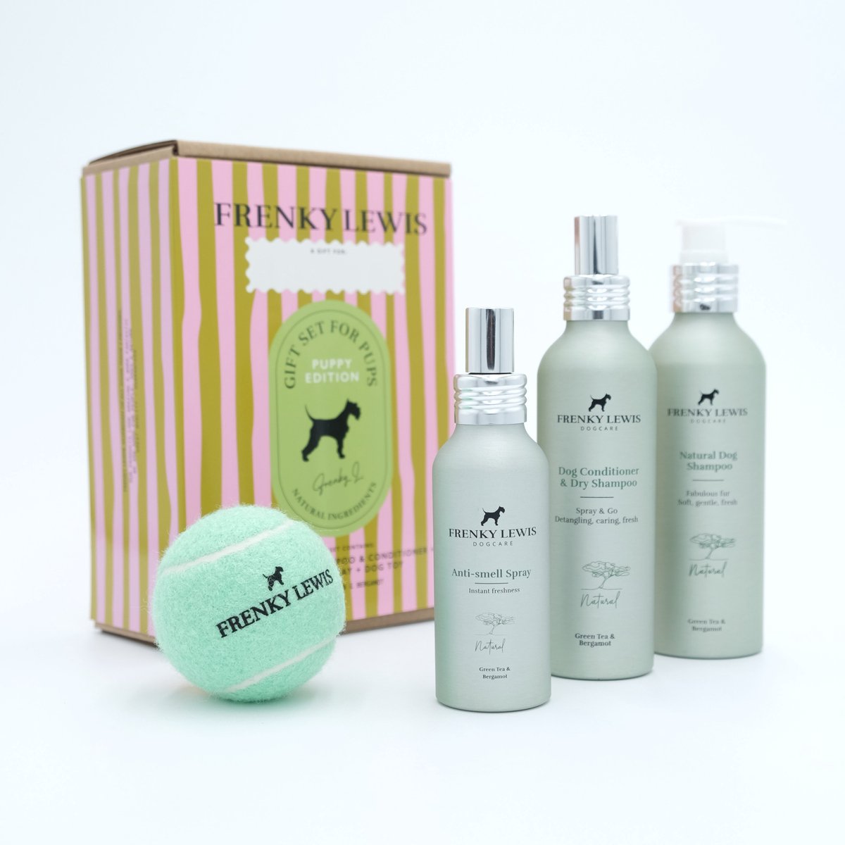 Puppy set 200ml Dog Shampoo + 150ml Dog Conditioner & Dry Shampoo + Anti Smell Spray + Dog Toy - Green Tea & Bergamot