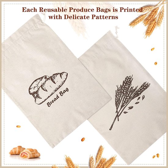 Twee off-white canvas zakken, één met een tekening van brood, de ander met korenaren. Tekst: 'Bread Bag'.
