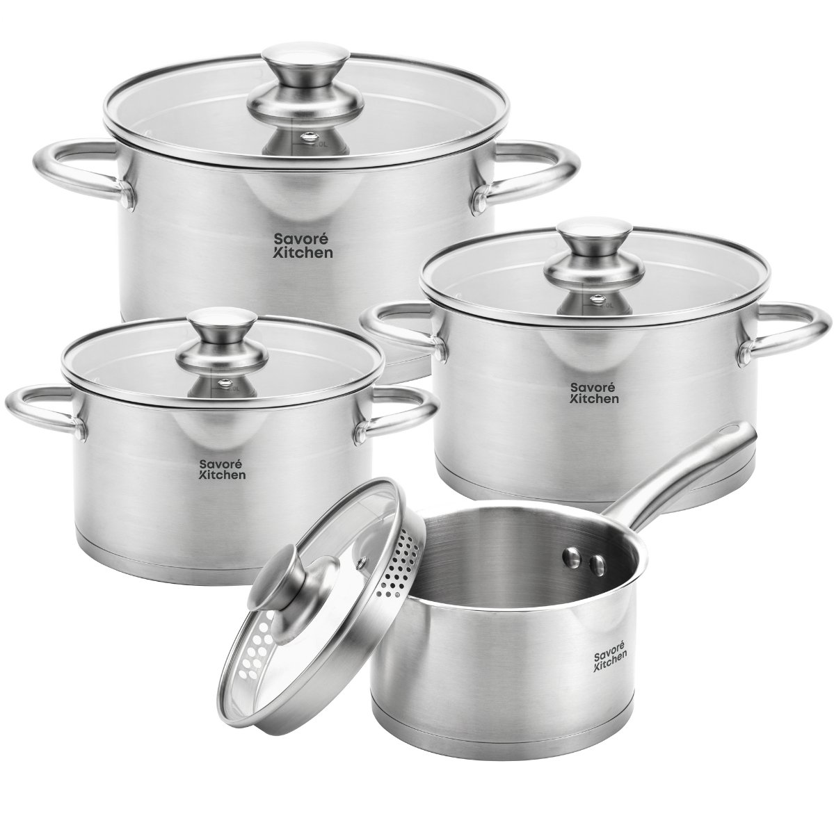 Savoré Kitchen 8-delige Pannenset - RVS Kookpannen met Glazen Deksel - Inductie Pannen - Afgietrand, Maatverdeling en Schenktuit