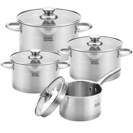 Savoré Kitchen 8-delige Pannenset - RVS Kookpannen met Glazen Deksel - Inductie Pannen - Afgietrand, Maatverdeling en Schenktuit