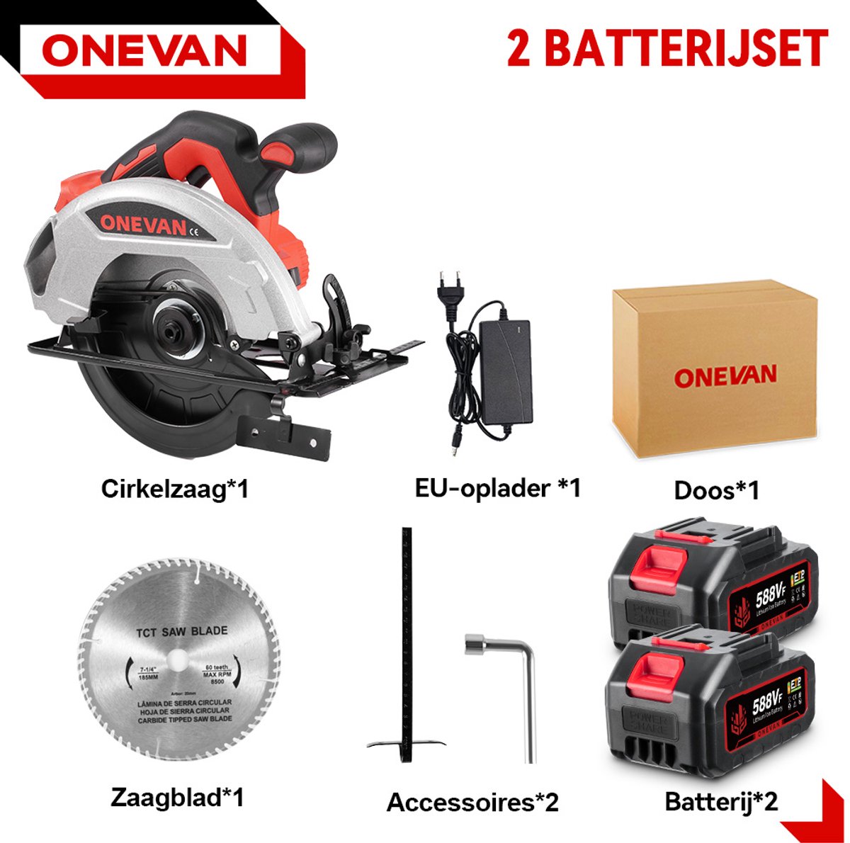 ONEVAN Accu Cirkelzaag - 185 mm Handcirkelzaag - Borstelloze - 9000RPM - invalzaag zaagdiepte 45,5 mm - met 2x accu's - voor het zagen van tegels en hout – foto 3