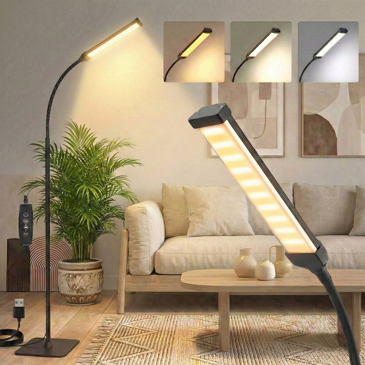 MUPOO LED Vloerlamp met Afstandsbediening & Timer- Hoogte Verstelbaar - Dimbaar& 360° Flexibele Hals- Zwarte Staande Lamp met Nachtmodus - Leeslamp voor Bureau, Bank & Bed(USB)