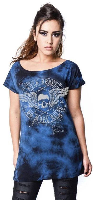 Blauw en zwart tie-dye T-shirt met ronde hals en opdruk 'Rock Rebel by EMP No More Rules' met gevleugelde schedel.