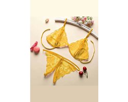 La Nuita Gele Kanten Bh Set Dames - Open Bralette met Strappy Bandjes en String - Sexy Tweedelige Lingerie (S t/m XL)