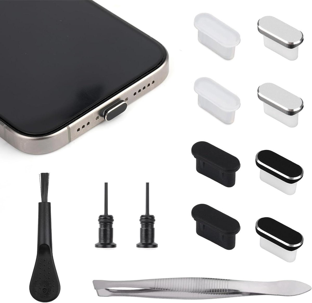 Ronte - USB C-stofpluggen, aluminium en siliconen poortafdekkingen met reinigingssets - Set van 8 stuks. Beschermt tegen stof, geschikt voor iPhone 15 16-Serie en alle Type C-apparaten.