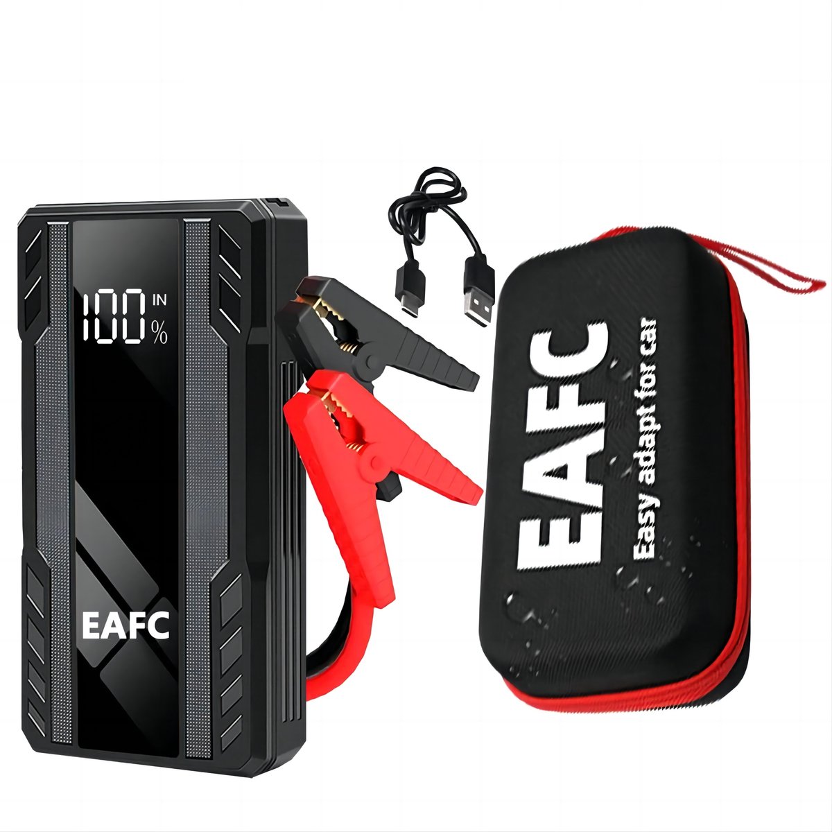 EAFC Jumpstarter 12V voor Auto – 10000 mAh /1000A – Starthulp met Forcestart, LED-scherm & Powerbank – Incl Zaklamp & Opbergkoffer - zwart