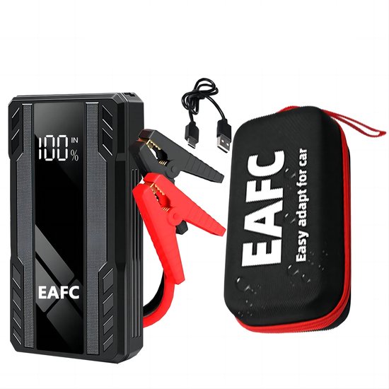 EAFC Jumpstarter 12V voor Auto – 10000 mAh /1000A – Starthulp met Forcestart, LED-scherm & Powerbank – Incl Zaklamp & Opbergkoffer - zwart
