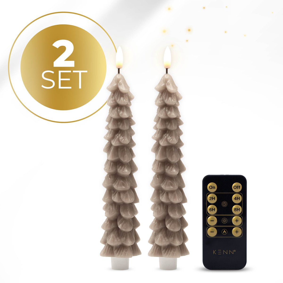 KENN Kerstboom LED Dinerkaarsen - Set van 2 - Taupe - Echt Wax (Tree) Taupe