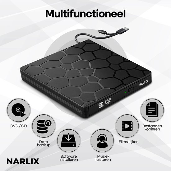 Narlix Externe DVD Speler voor laptop - CD/DVD Drive - Bol