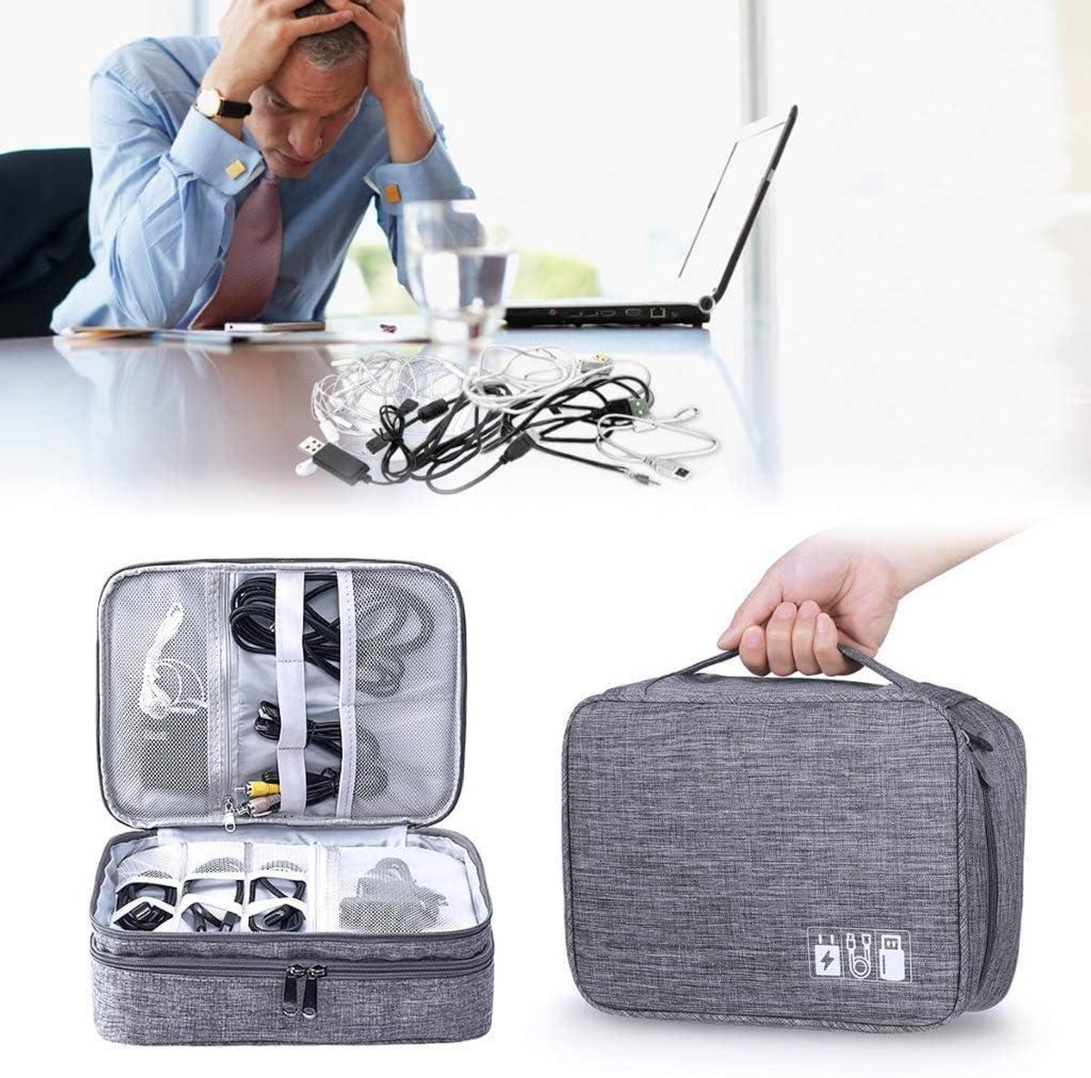 Ronte - Dubbelvouw reisorganisatietas voor elektronica en accessoires - Grijs - Draagbaar - Reisgadget - Powerbank - USB - Oplader – foto 6
