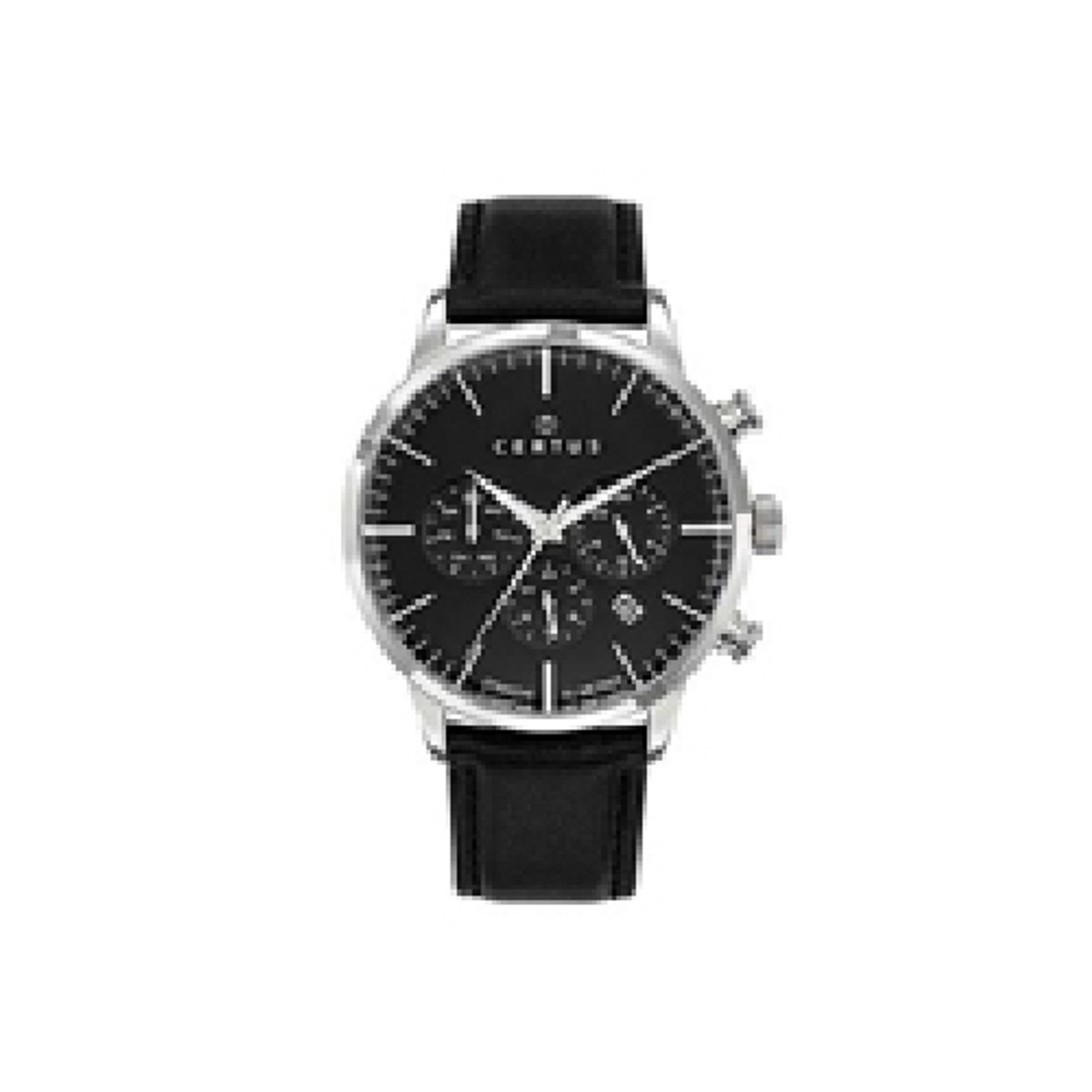 Certus-model 611138-horloge-heren-chrono-datum-zilverkleurig-zwart leder-diameter 41 mm-5 atm waterdicht-made in France