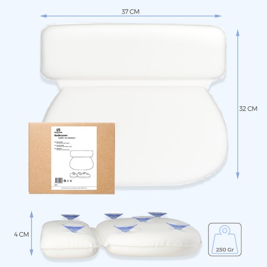 Wit badkussen 37x32x4 cm, met 6 anti-slip zuignappen. De verpakking toont het kussen en afmetingen.